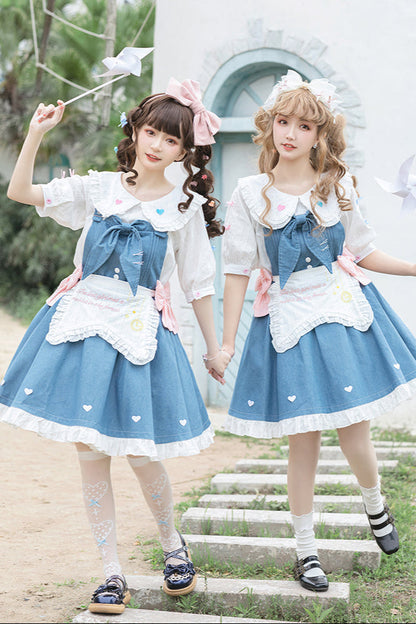 Light Raw Denim Lolita Jumper-skirt + Doll Innerwear + Apron