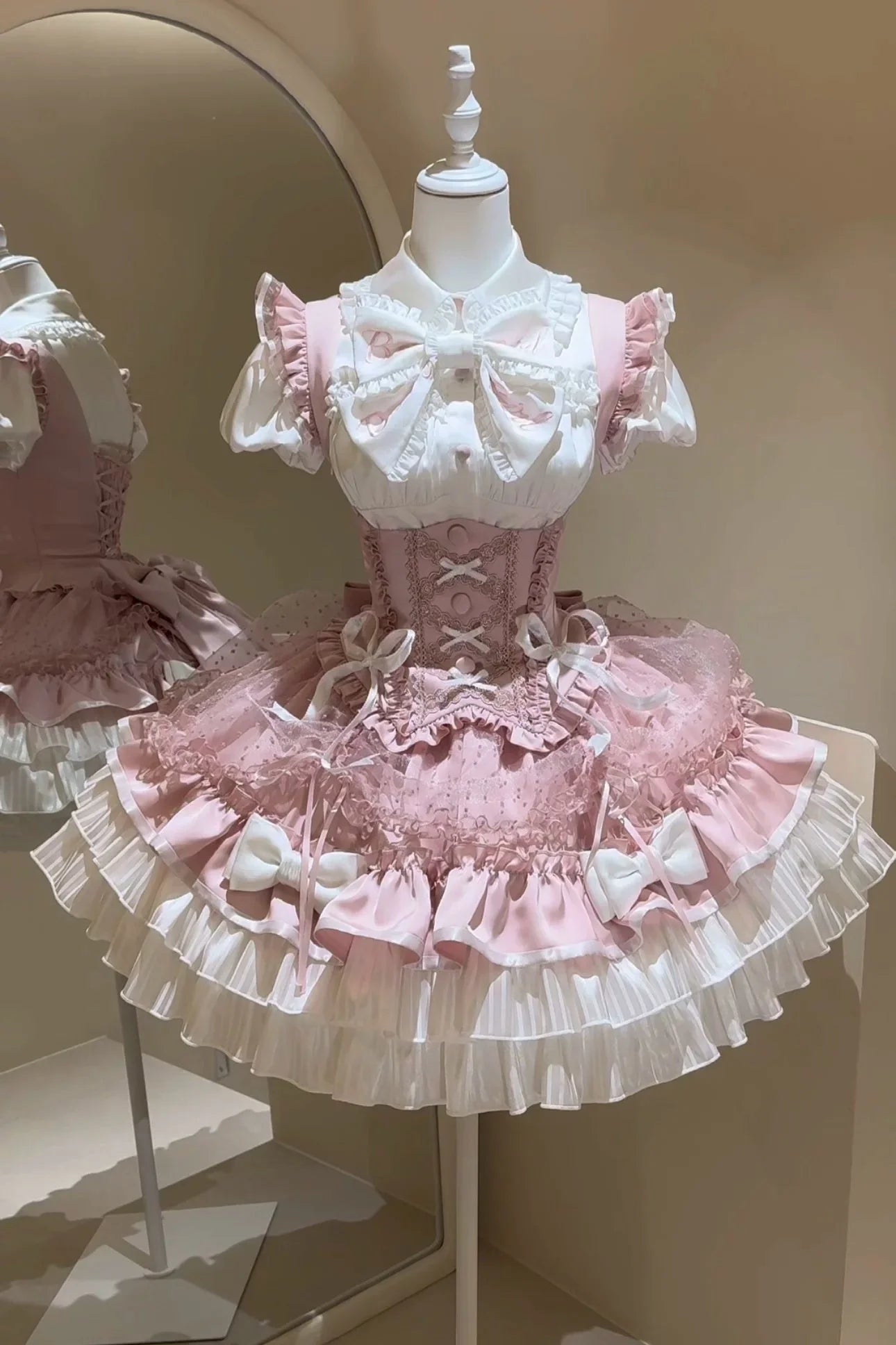 [order Deadline: May 12] Pink White Sweet Lolita Idol Ribbon Puff Sleeve Shirt + Corset Tulle Pull-up Jks Dress Set