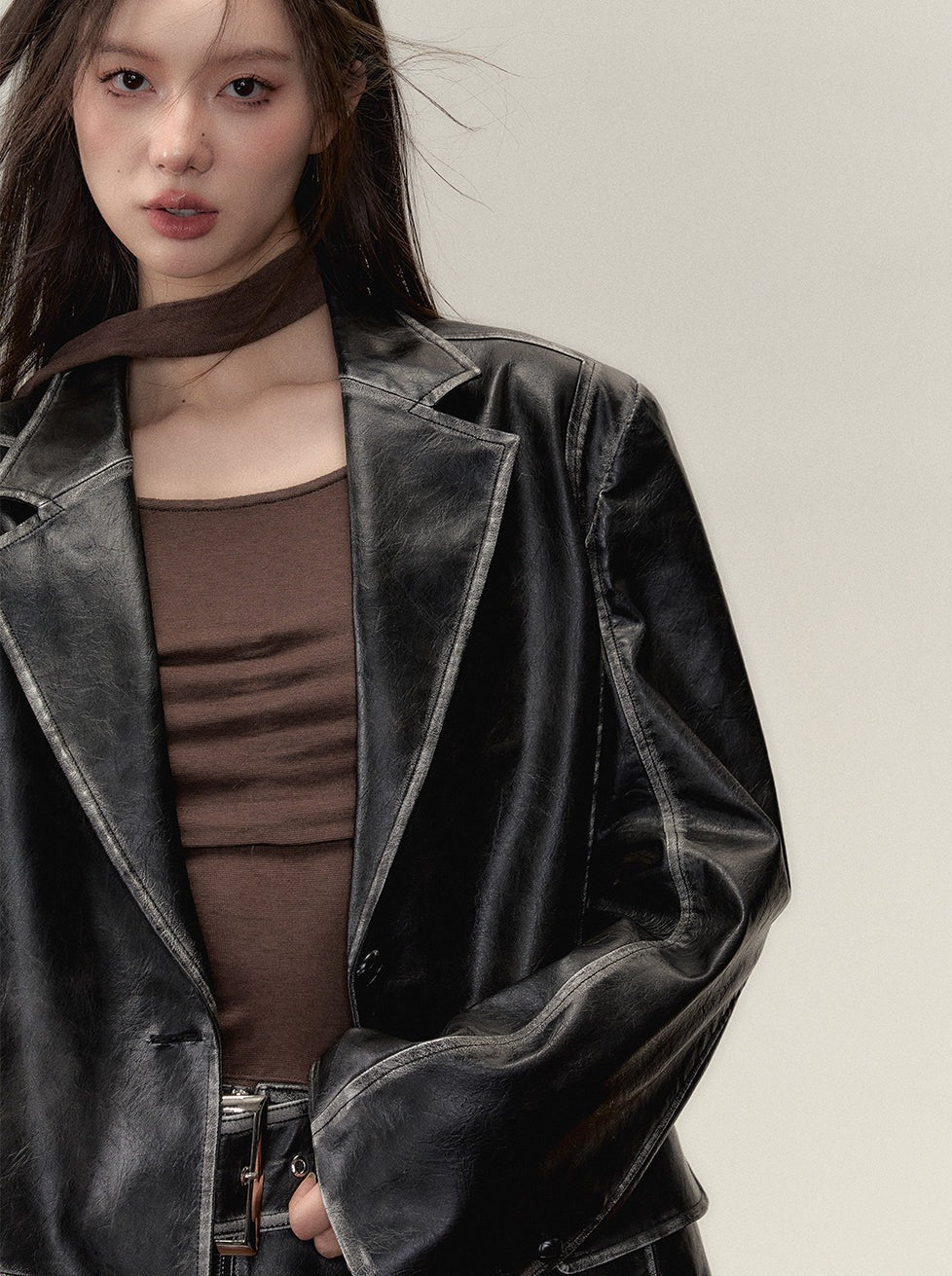 Washed Leather Over Jacket + Short Skirt