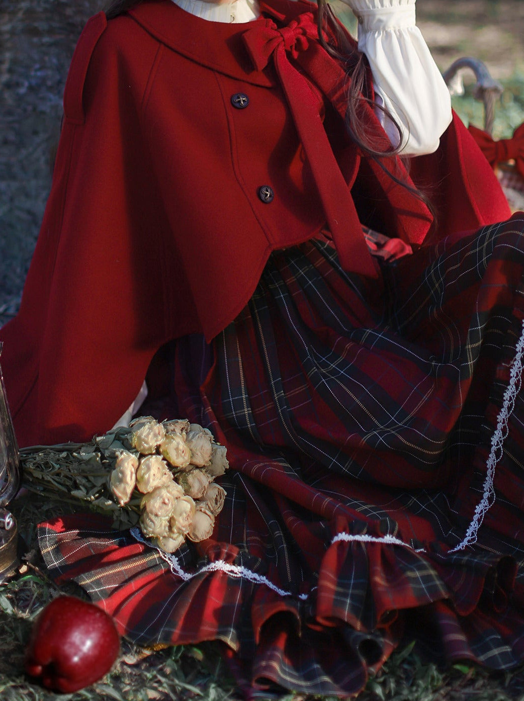 Little Red Riding Hood Cape Ribbon Coat + Pleated Collar Shirt + Plaid Tiered Dress + Head Scarf