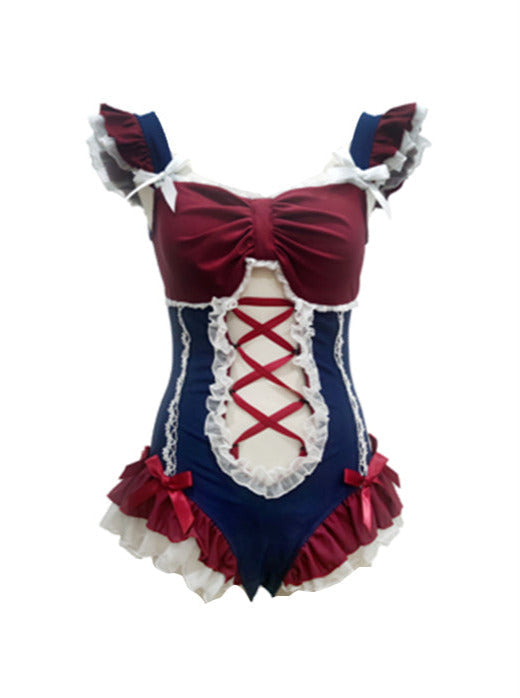 Ruffle Shoulder Pearl Ribbon Decoration Idol Style Swimsuit Dress