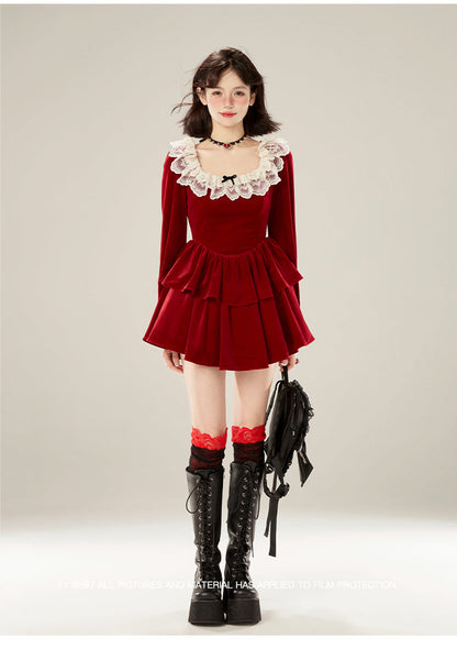 Red Lace Collar Velvet Dress