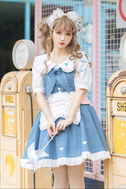 Light Raw Denim Lolita Jumper-skirt + Doll Innerwear + Apron