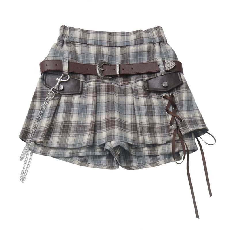 Y2k Hooded Crop Top + Sleeveless Shirt With Tie + Plaid Culottes
