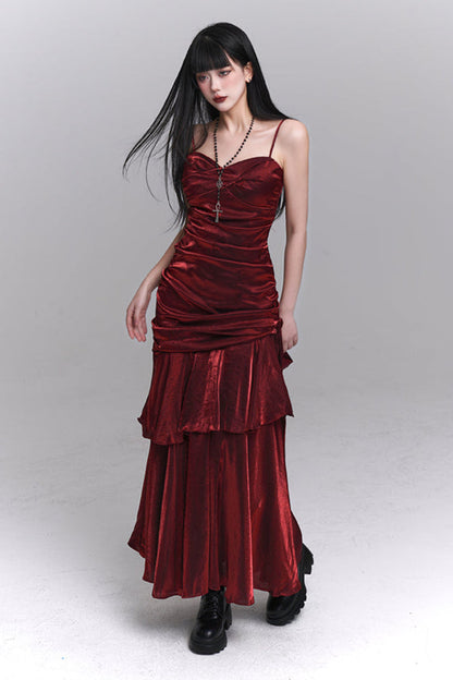 Dark Red Suspender Dress