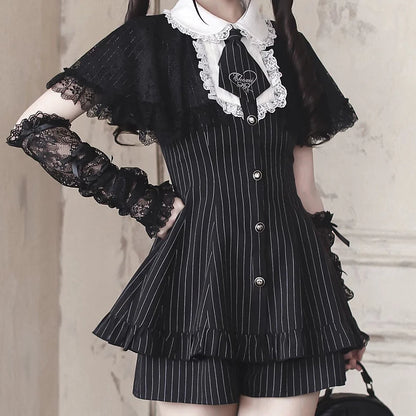 [reservation Deadline: May 15] Black Pinstripe Lace Cape Design Thai Collar Dress Suit Full Set + Accessories