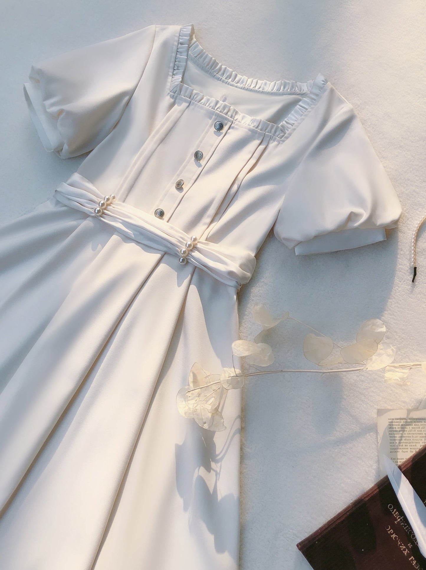 French Retro Apricot Square Collar Dress + Pearl Satin Belt [pre-order]