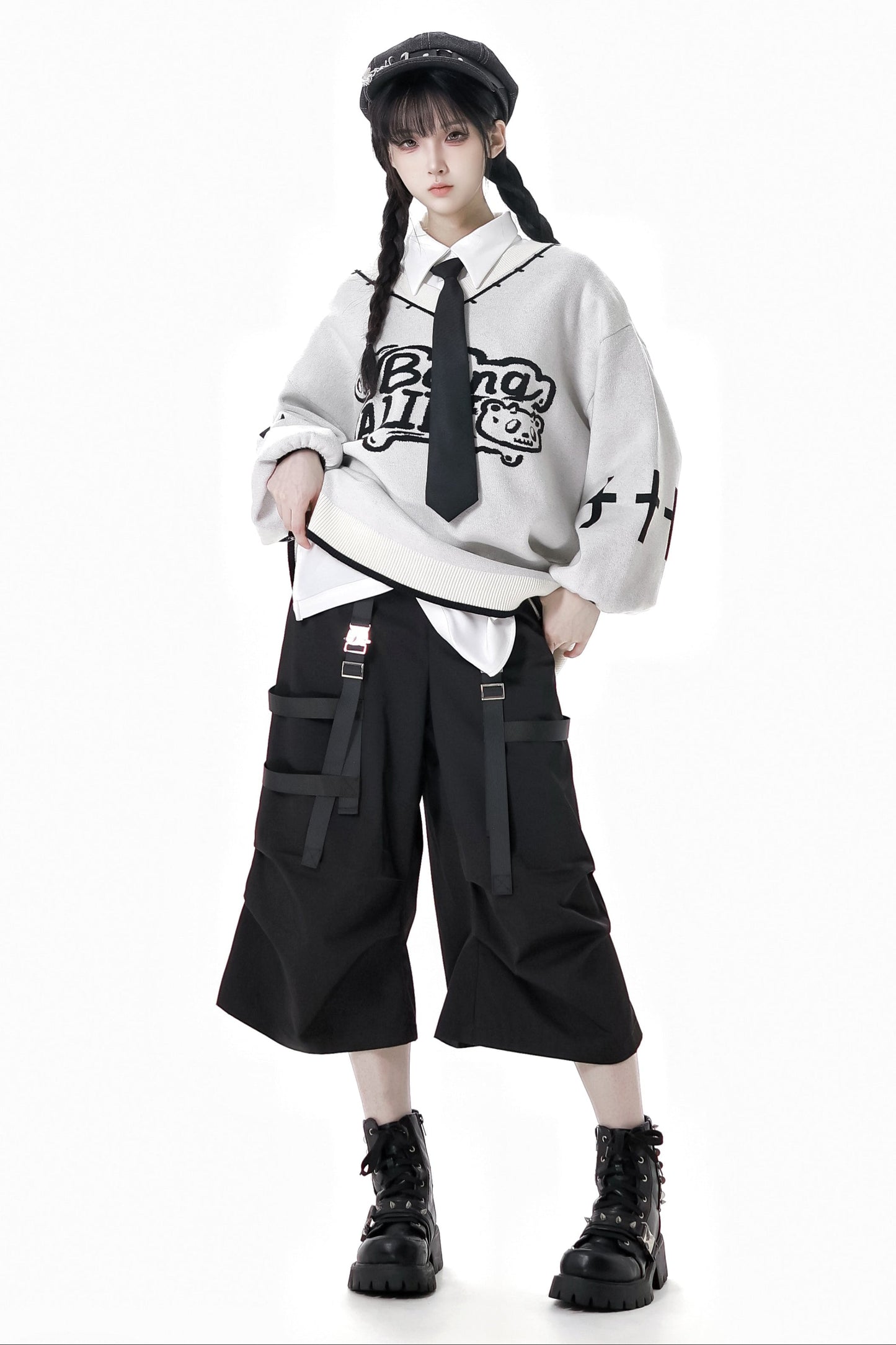 Cat Ear Hooded Top + Loose Knit Sweater + Cargo Pants + Strap Skirt