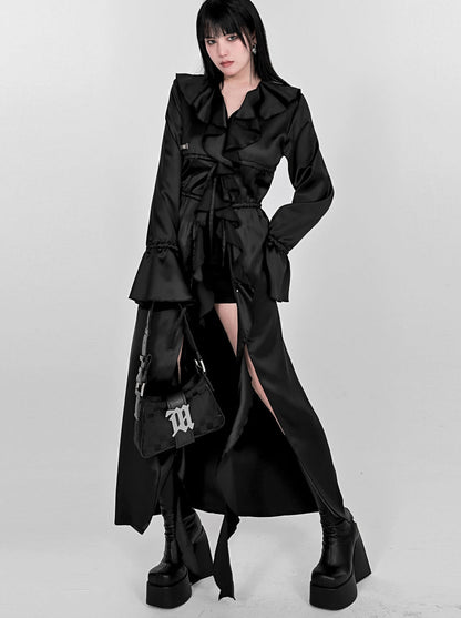 Ruffle Lace Drawstring Waist Shirt Extra Long Jacket