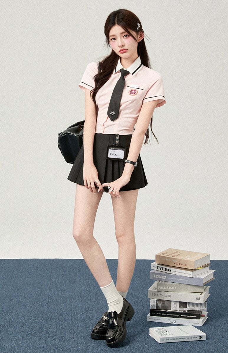 Short Sleeve Slim Waist Shirt + Hip Skirt
