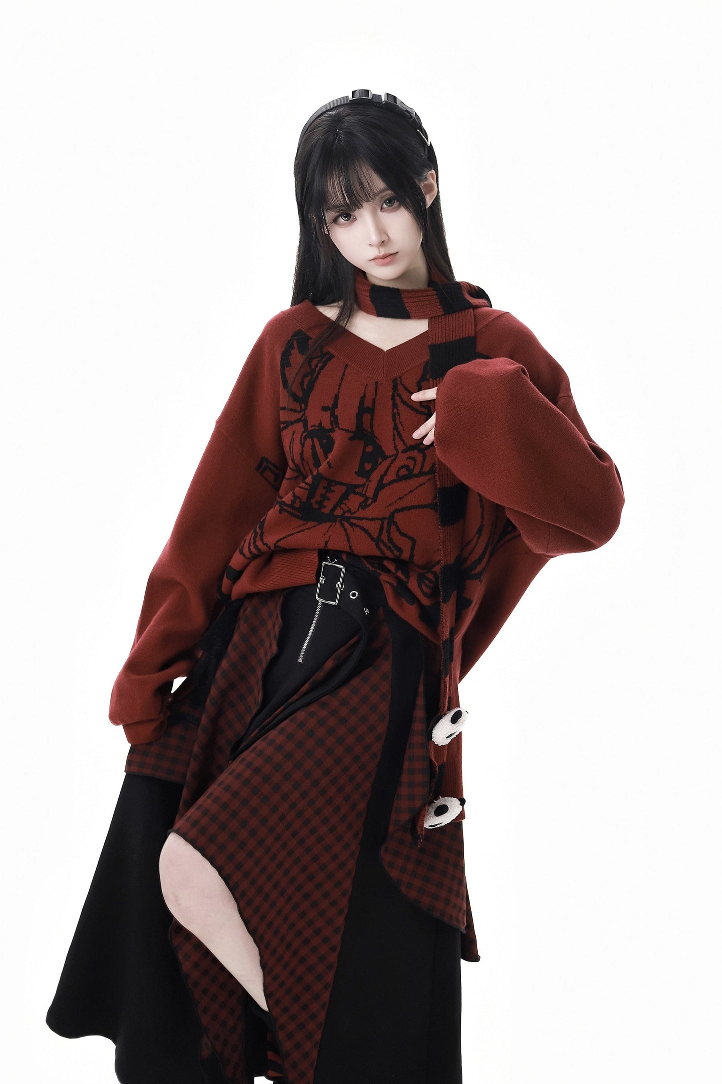 Chinese-style Illustration V Neck Knit Slim Sweater Design Shirt & Skirt Set