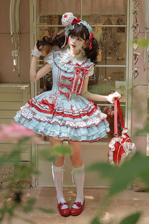 [pre-order Deadline: April 3] Twin Tiered Lolita Dot Ribbon Striped Dress + Flower Bud Skirt Dress