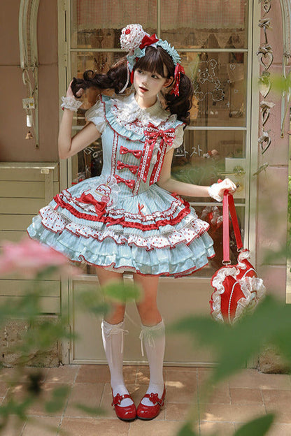 [pre-order Deadline: April 3] Twin Tiered Lolita Dot Ribbon Striped Dress + Flower Bud Skirt Dress