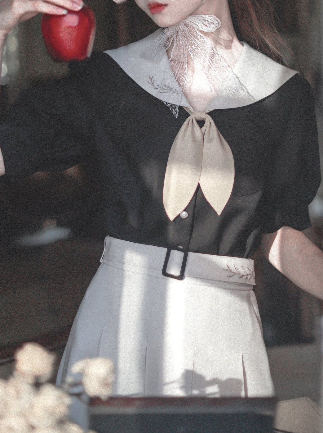 Retro French Sailor Collar Puff Sleeve Shirt + Box Pleat Skirt + Bunny Ear Necktie [pre-order]