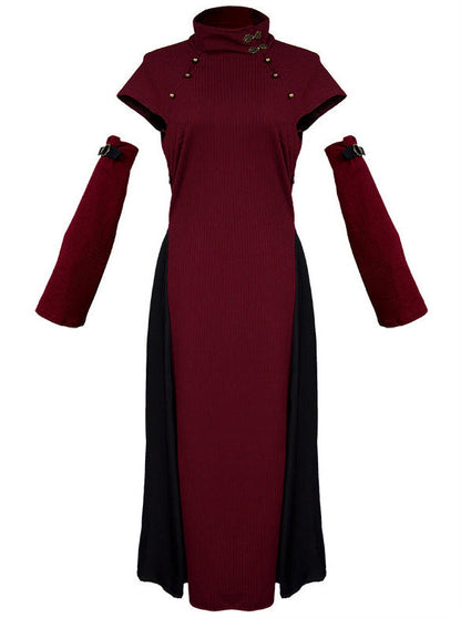 Retro Wine Red Black Oriental Chinese-style Trumpet Sleeve Long Dress