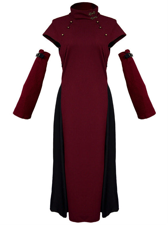 Retro Wine Red Black Oriental Chinese-style Trumpet Sleeve Long Dress