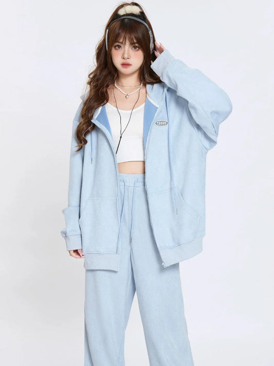Suede Hooded Sweatshirt Lazy Style Set
