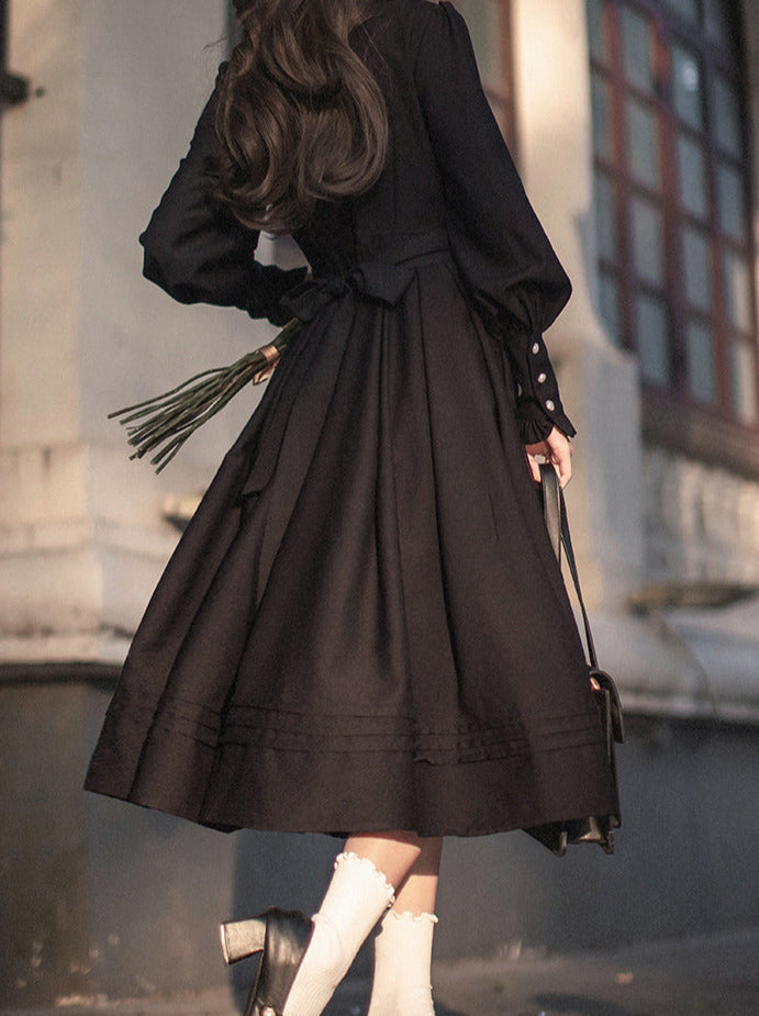 Retro Suit Red Short Jacket + Black Ruffle Lantern Sleeve Dress + Ribbon Tie