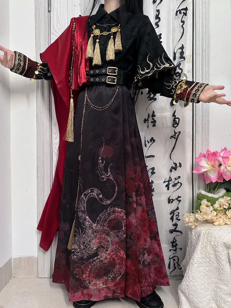Fire China Long Coat + Top + Long Skirt
