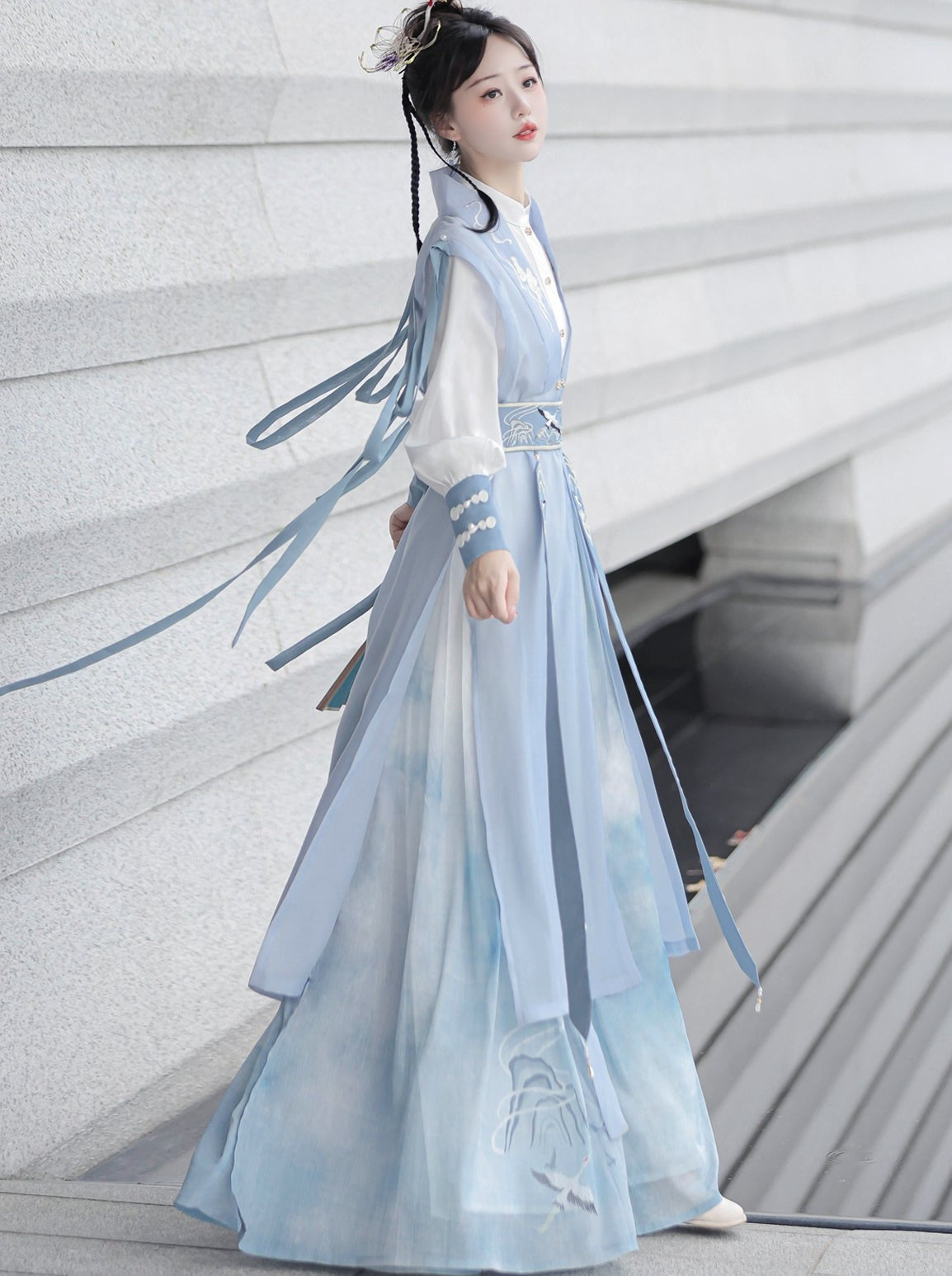[pre-order] Light Blue Chinese-style Skirt + Tassel Long Vest + Chinese-style Blouse + Chinese-style Design Belt