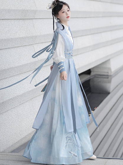 [pre-order] Light Blue Chinese-style Skirt + Tassel Long Vest + Chinese-style Blouse + Chinese-style Design Belt