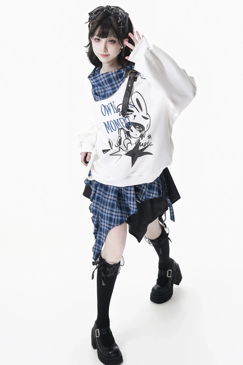 Off-shoulder Sweatshirt Top + Asymmetric Skirt + Long Pants