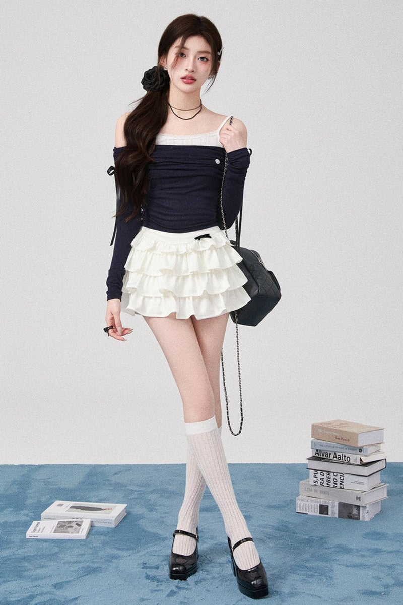 Bow One Shoulder Knit Top + Pleated Skirt + Ribbon Tiered Skirt