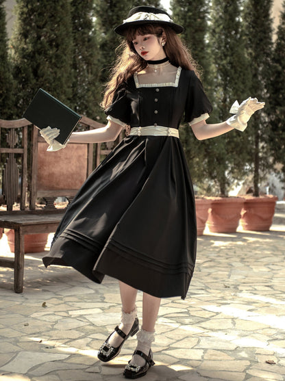 [pre-order] Black Square Collar French Retro Dress + Waist Ribbon + Black Ribbon Headband + Pearl Necklace