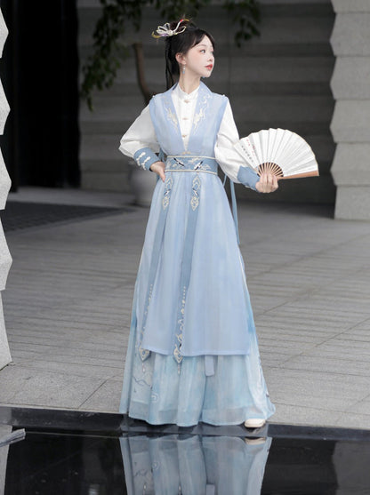 [pre-order] Light Blue Chinese-style Skirt + Tassel Long Vest + Chinese-style Blouse + Chinese-style Design Belt