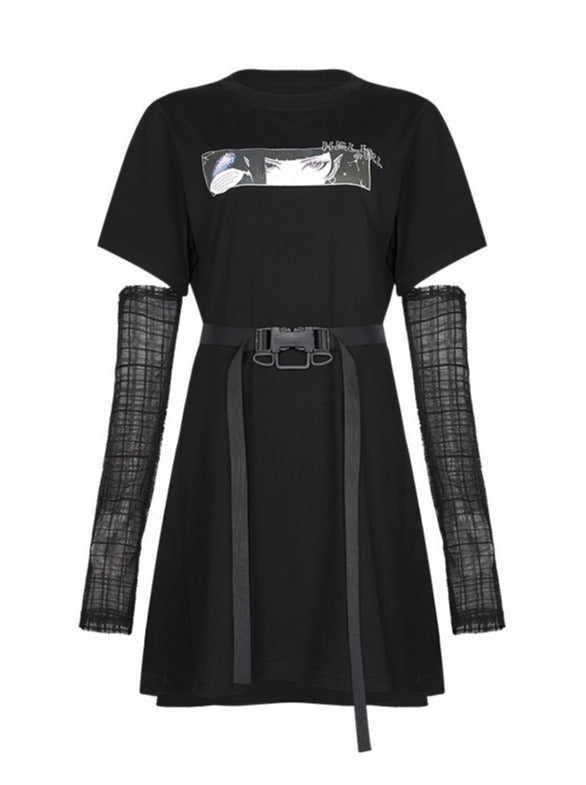Sheer Long Sleeve Buckle Belt Dress-t