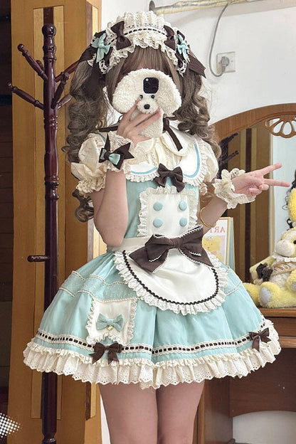 [pre-order Item]chocolate Mint Sailor Collar Girly Maid Dress + Cake Hat