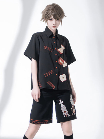 Bad Apple Embroidered Handsome Loose Summer Shirt Short Pants Set
