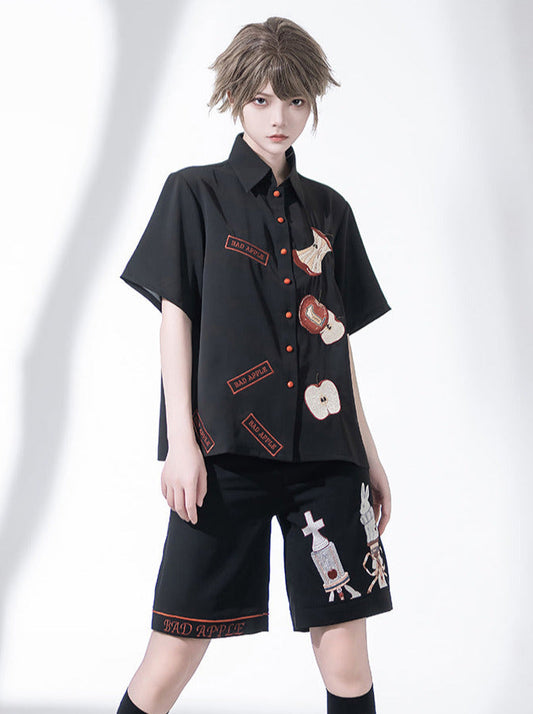 Bad Apple Embroidered Handsome Loose Summer Shirt Short Pants Set