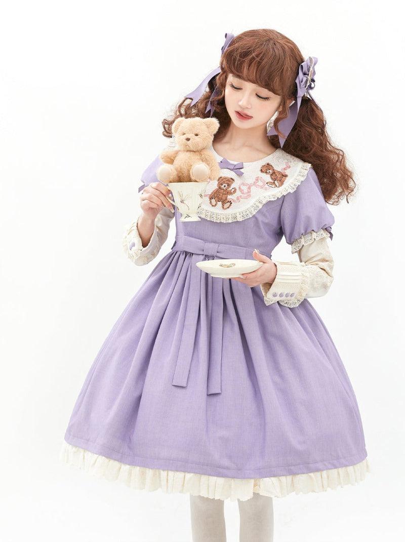 [pre-order] Lolita Teddy Bear Flap Lace Puff Sleeve Ribbon Dress