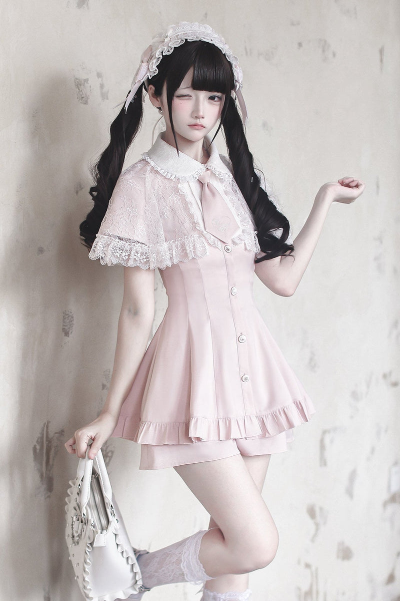 [pre-order Deadline: May 15] Pink Lace Cape Design Tie Color Dress Suit Full Set + Accessories