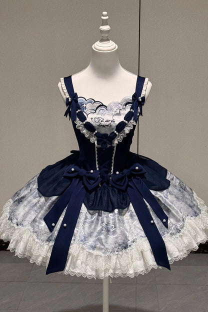 [pre-order Deadline: May 6] Dark Blue Moonlight Sea Lace Ribbon Layered Dress + Accessories