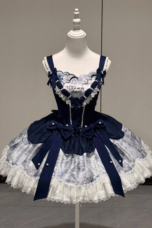 [pre-order Deadline: May 6] Dark Blue Moonlight Sea Lace Ribbon Layered Dress + Accessories