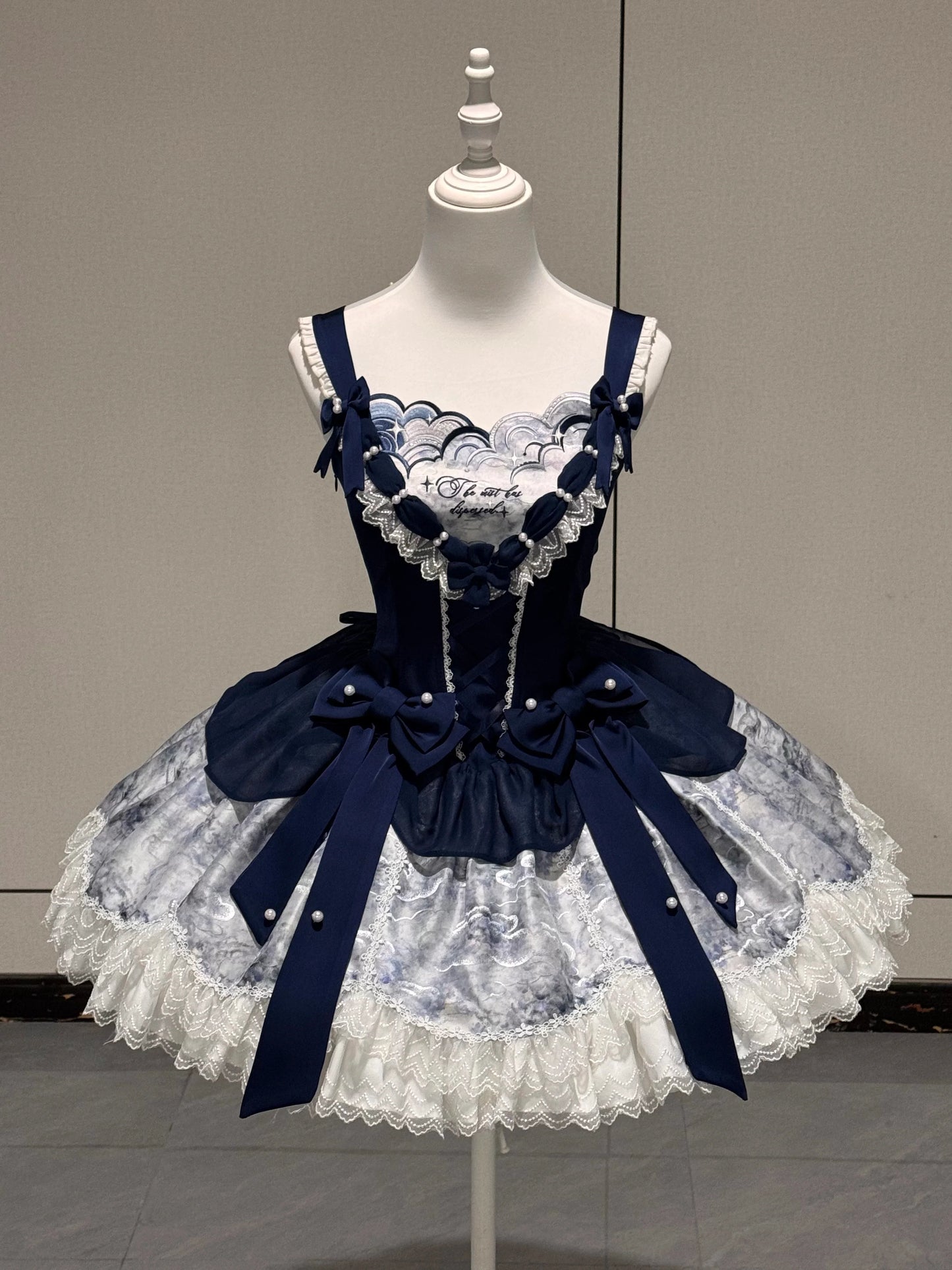 [pre-order Deadline: May 6] Dark Blue Moonlight Sea Lace Ribbon Layered Dress + Accessories