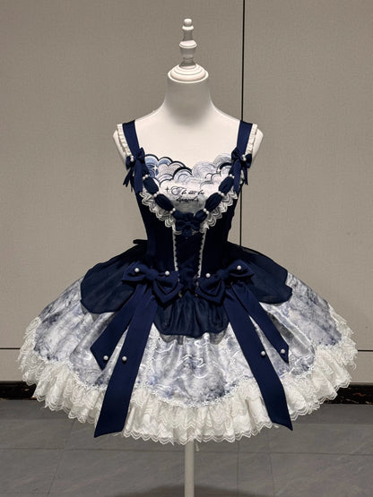 [pre-order Deadline: May 6] Dark Blue Moonlight Sea Lace Ribbon Layered Dress + Accessories