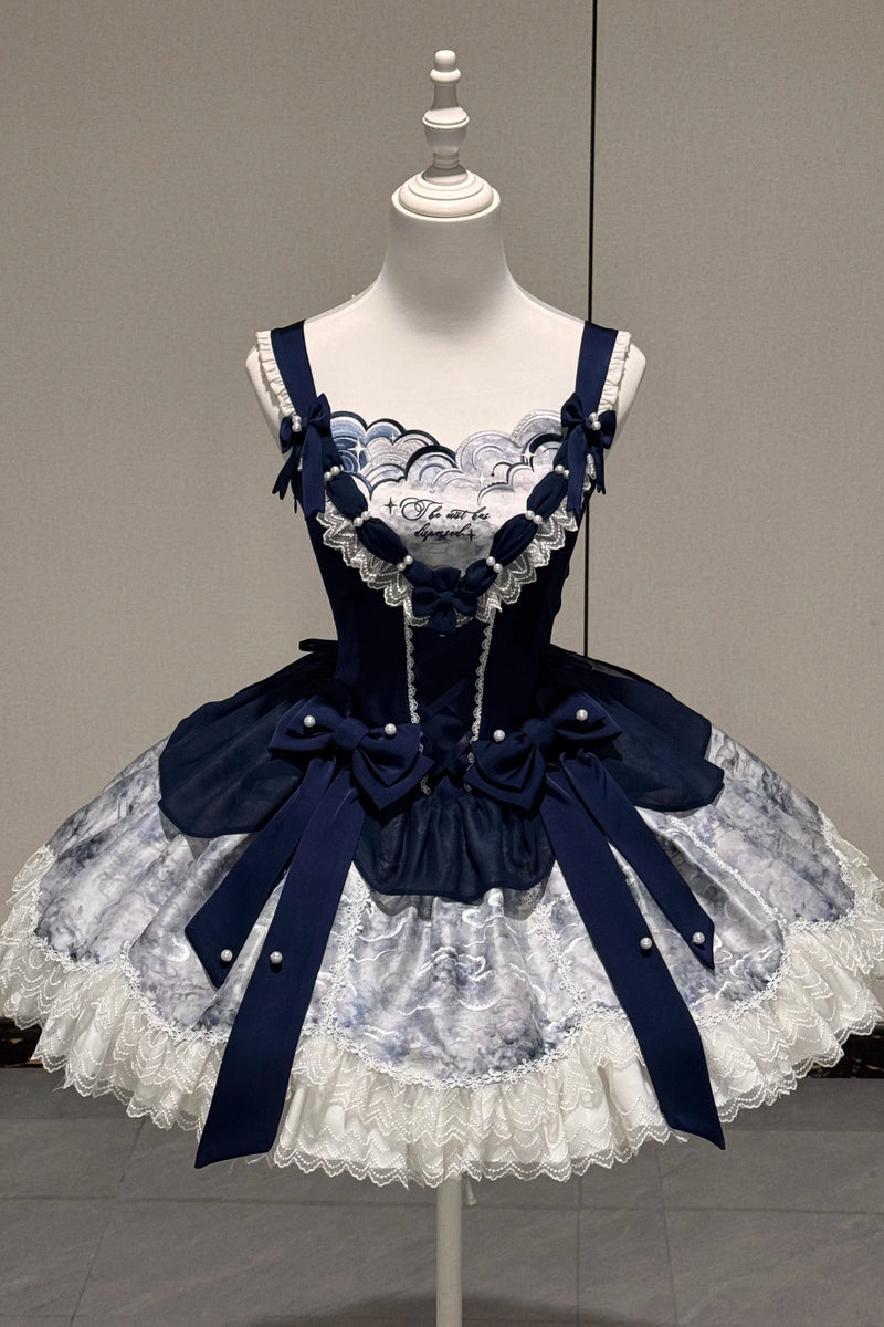 [pre-order Deadline: May 6] Dark Blue Moonlight Sea Lace Ribbon Layered Dress + Accessories