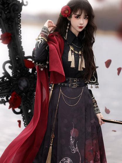Fire China Long Coat + Top + Long Skirt