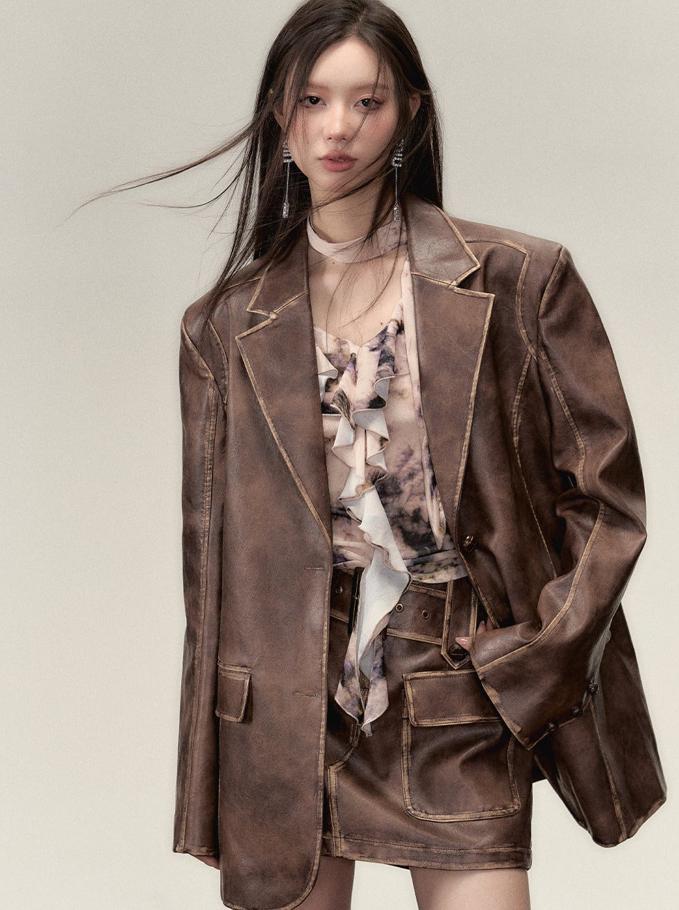 Washed Leather Over Jacket + Short Skirt