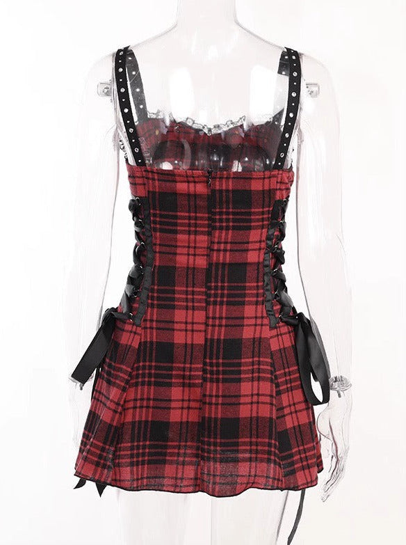 Y2k Black Red Hot Girl Lace Eyelets Suspender Dress