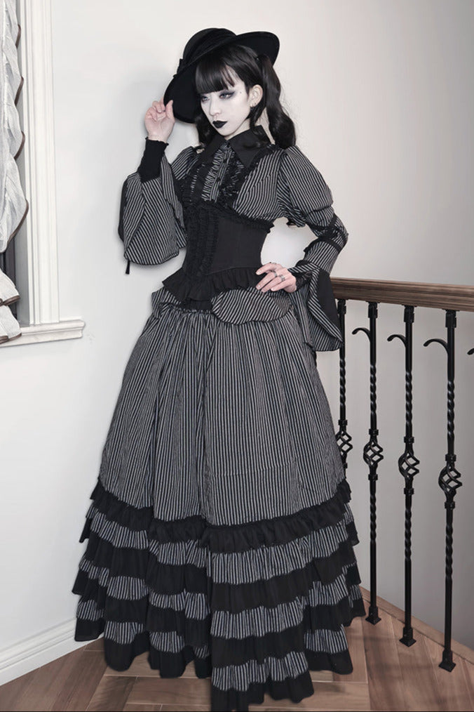 [pre-order] Dark Striped Gusset-sleeved Shirt + Corset + Skirt