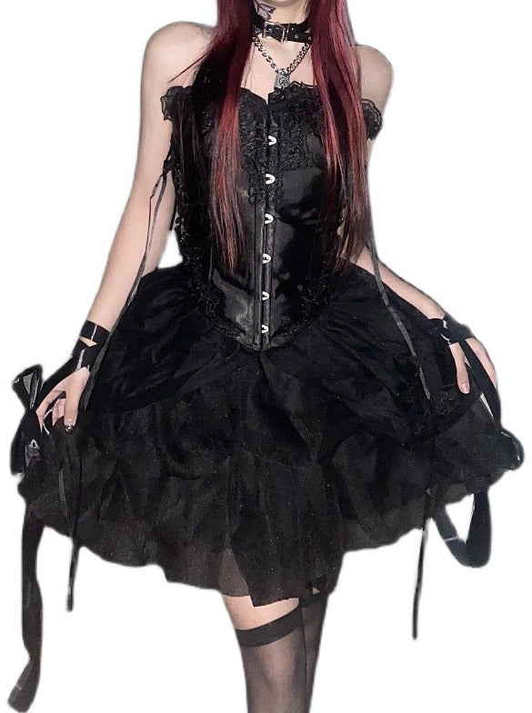 Cool Spicy Black Lace Up Bustier + Tulle Skirt