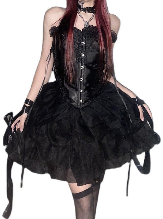 Cool Spicy Black Lace Up Bustier + Tulle Skirt