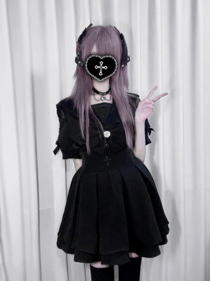 [pre-order] Lace Cross Collar Top + High Waist Skirt