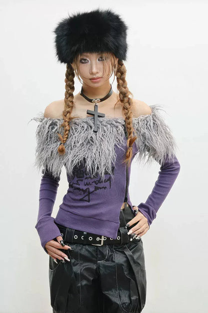 Zip Faux Fur Shoulder Top