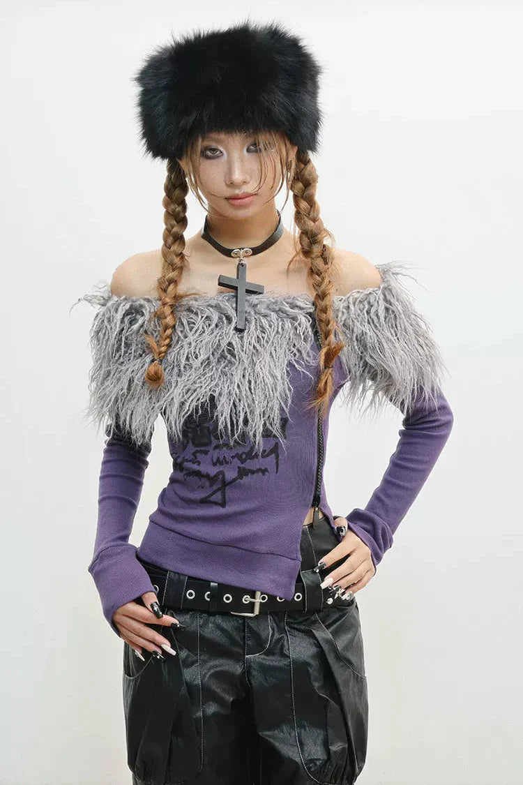 Zip Faux Fur Shoulder Top