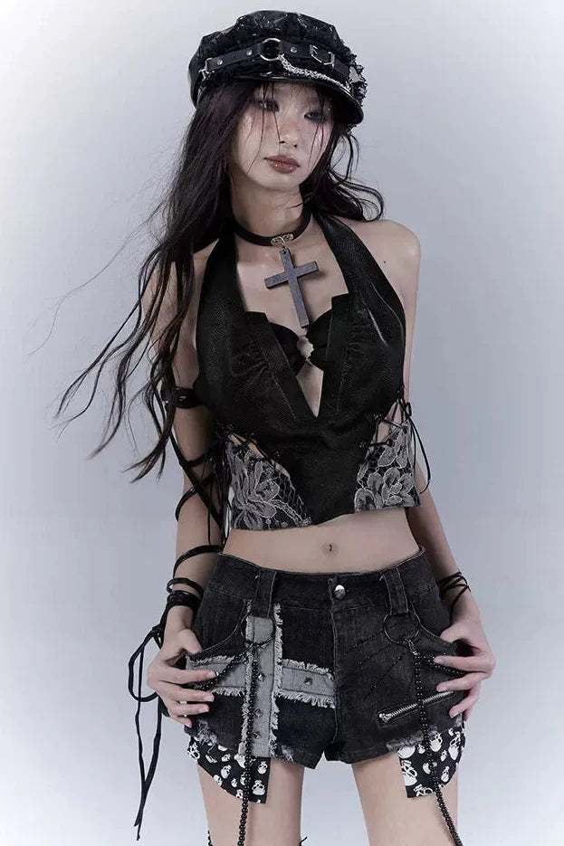 Dark Lace Patchwork Leather Camisole